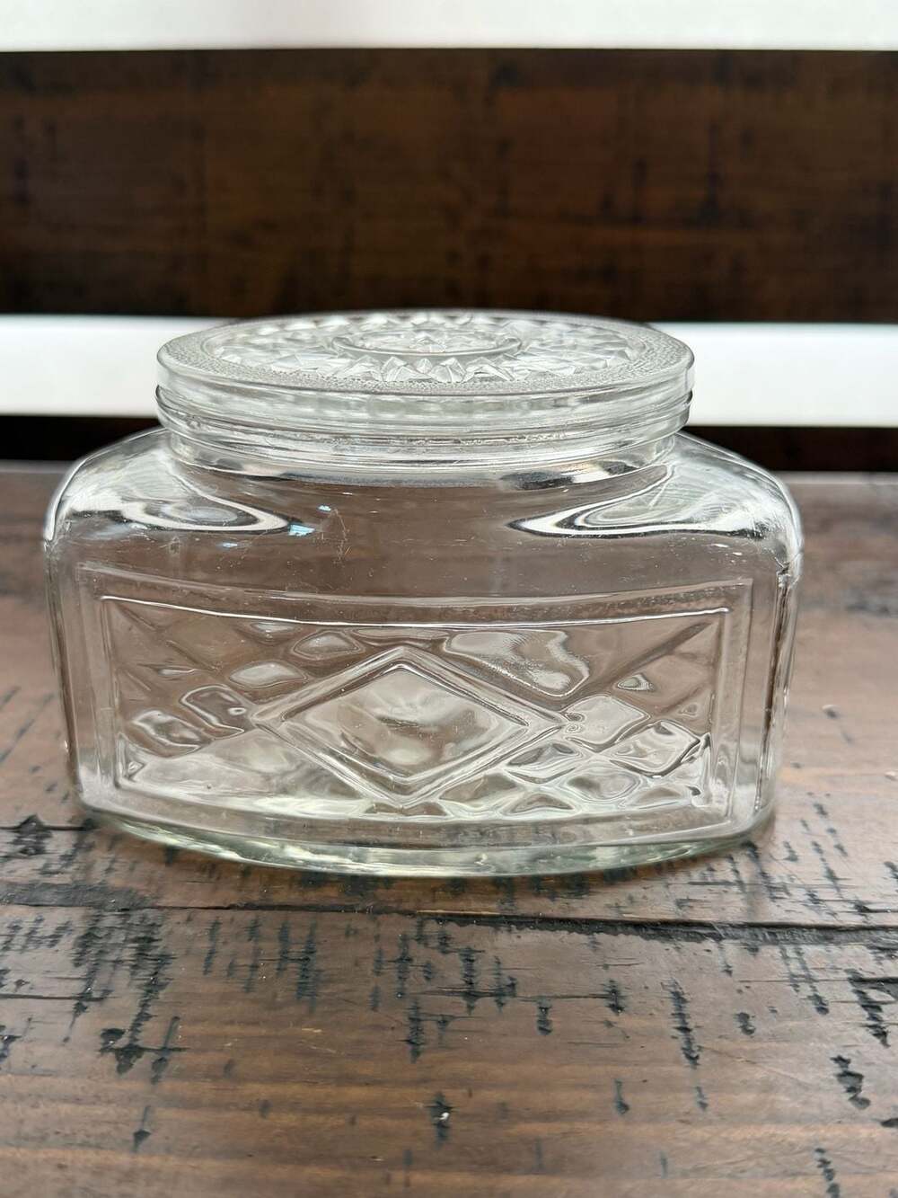 Vintage Hazel Atlas Glass Refrigerator Jar Starburst Lid & Diamond Pattern